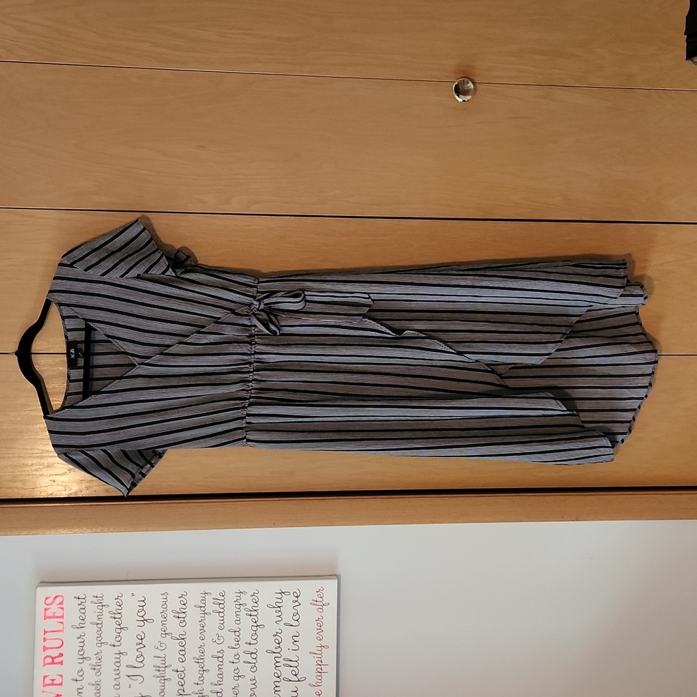 Navy & White Striped Faux Medium Wrap Dress